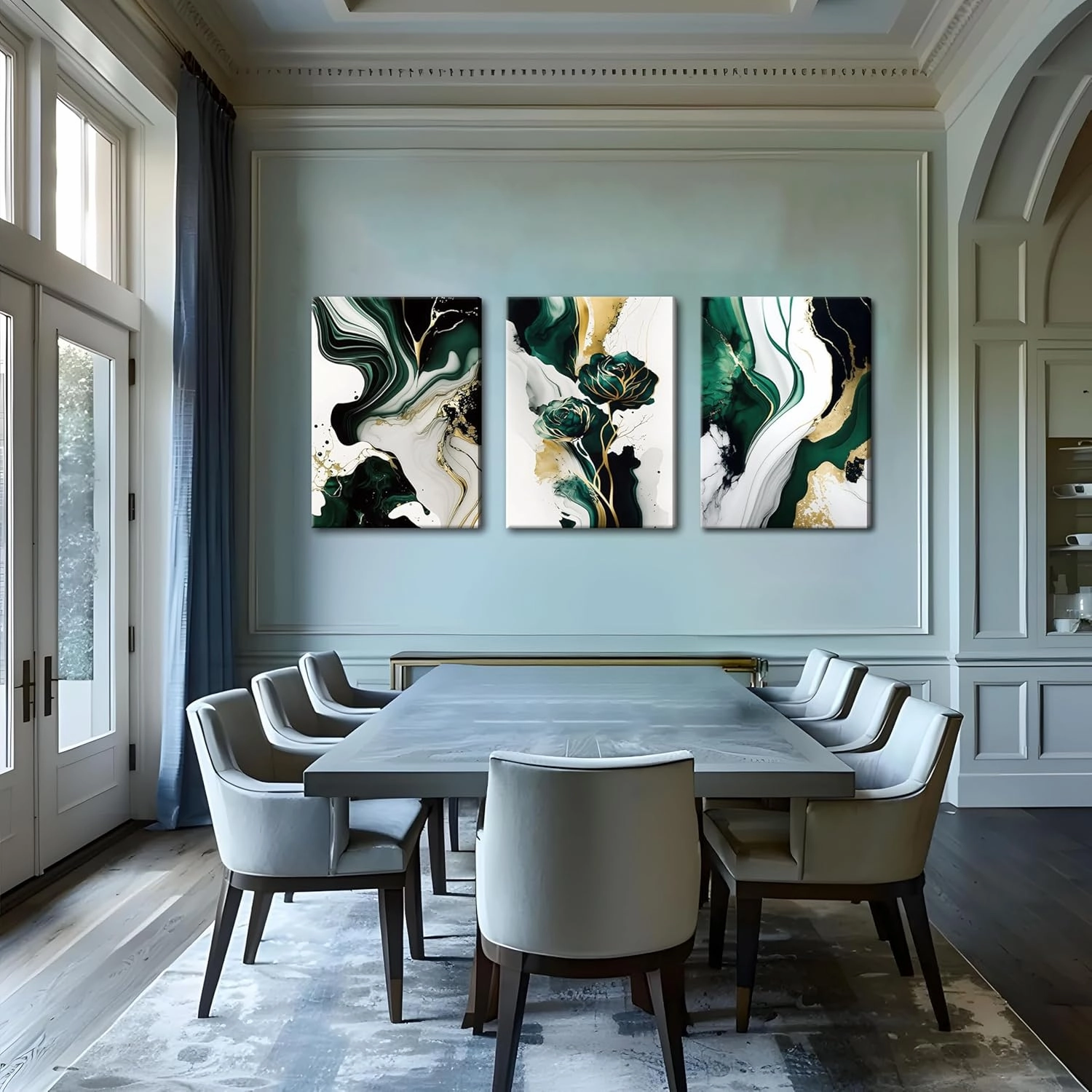3Pcs Emerald Green Modern Wall Art, Abstract Marble Canvas Prints, Green and Gold Pictures Wall Decor, Dark Art Paintings, Artwork for Living Room Dining Room Office Decoration, Framed 12x16 Inch