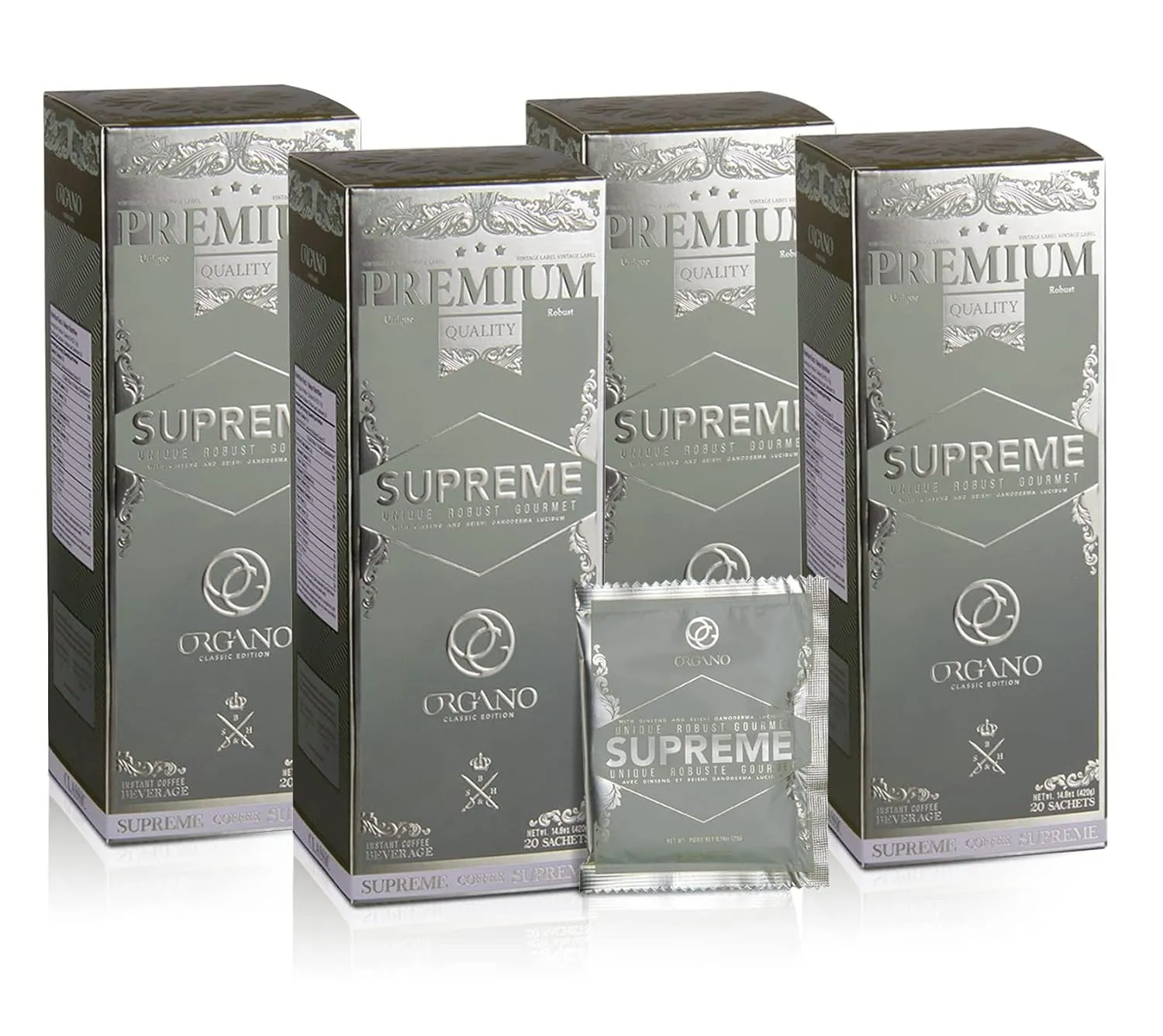 4 Boxes ORGANO Café Supreme, 100% Ganoderma Lucidum with Ginseng (80 Sachets)