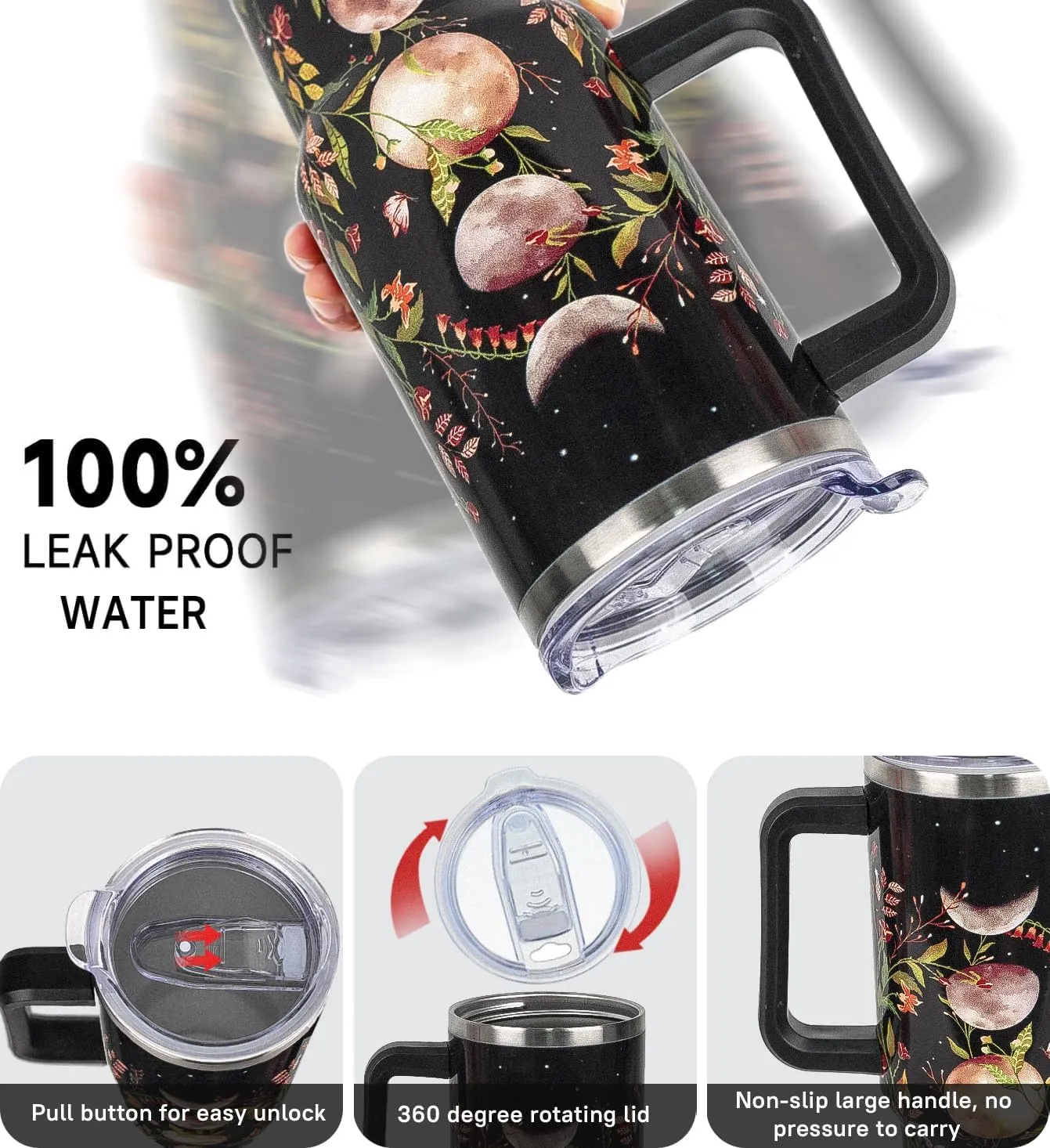 40 oz Tumbler with Handle and Straw Goth Tumbler Leak Proof Insulated Cup 40 oz Gothic Flower Moon Coffee Travel Mug Witchy Decor Stuff Goth Gifts for Women