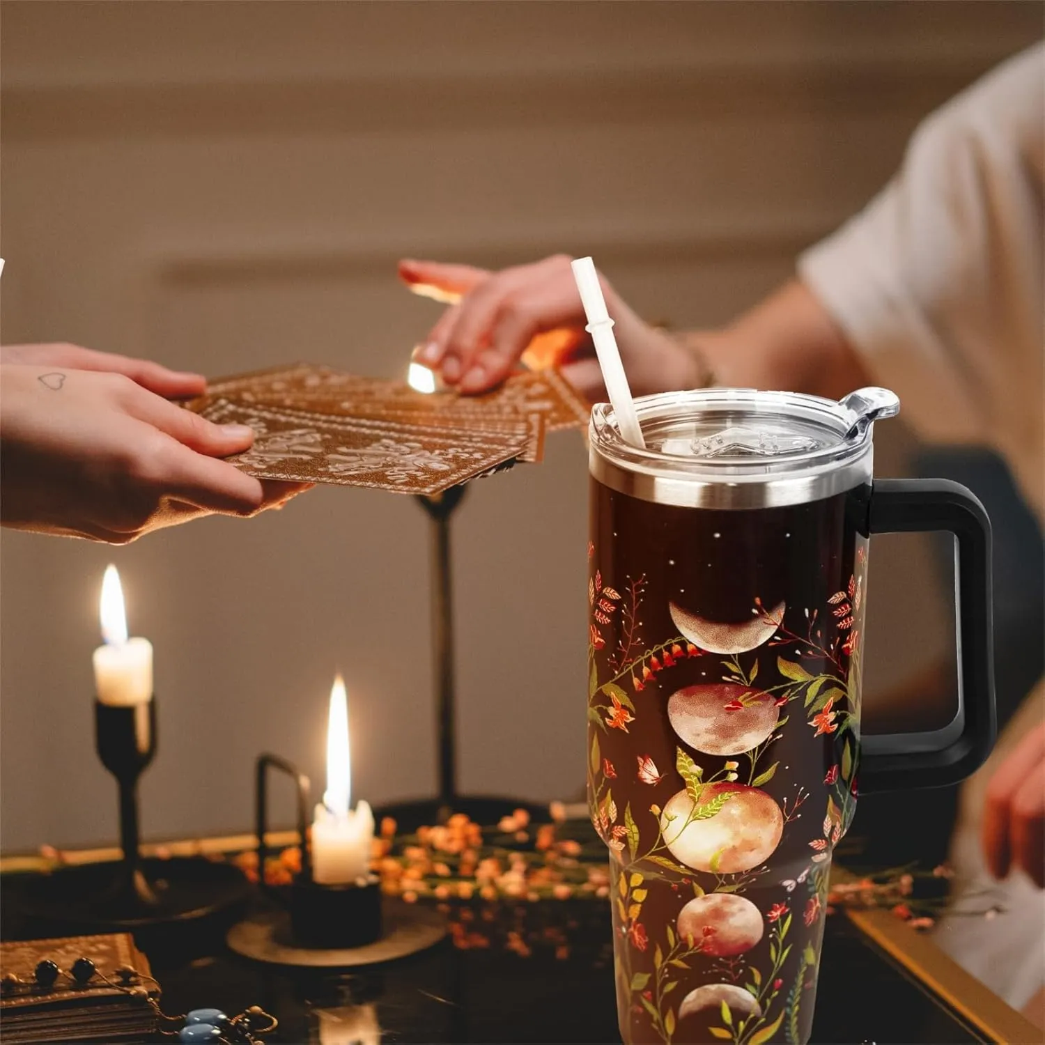 40 oz Tumbler with Handle and Straw Goth Tumbler Leak Proof Insulated Cup 40 oz Gothic Flower Moon Coffee Travel Mug Witchy Decor Stuff Goth Gifts for Women