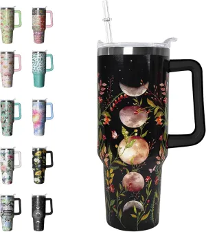 40 oz Tumbler with Handle and Straw Goth Tumbler Leak Proof Insulated Cup 40 oz Gothic Flower Moon Coffee Travel Mug Witchy Decor Stuff Goth Gifts for Women