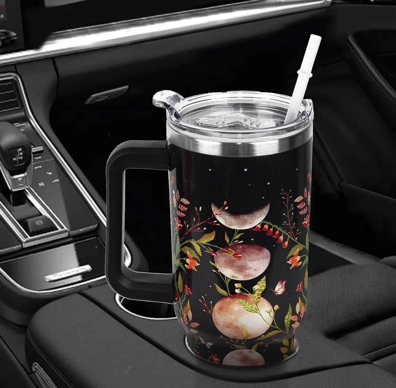 40 oz Tumbler with Handle and Straw Goth Tumbler Leak Proof Insulated Cup 40 oz Gothic Flower Moon Coffee Travel Mug Witchy Decor Stuff Goth Gifts for Women