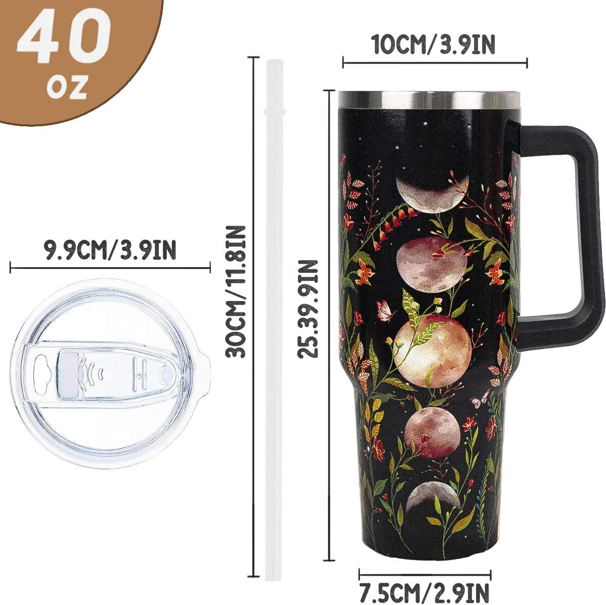 40 oz Tumbler with Handle and Straw Goth Tumbler Leak Proof Insulated Cup 40 oz Gothic Flower Moon Coffee Travel Mug Witchy Decor Stuff Goth Gifts for Women