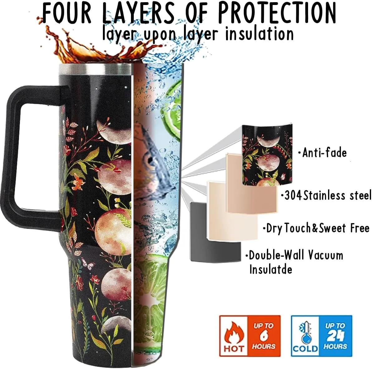 40 oz Tumbler with Handle and Straw Goth Tumbler Leak Proof Insulated Cup 40 oz Gothic Flower Moon Coffee Travel Mug Witchy Decor Stuff Goth Gifts for Women