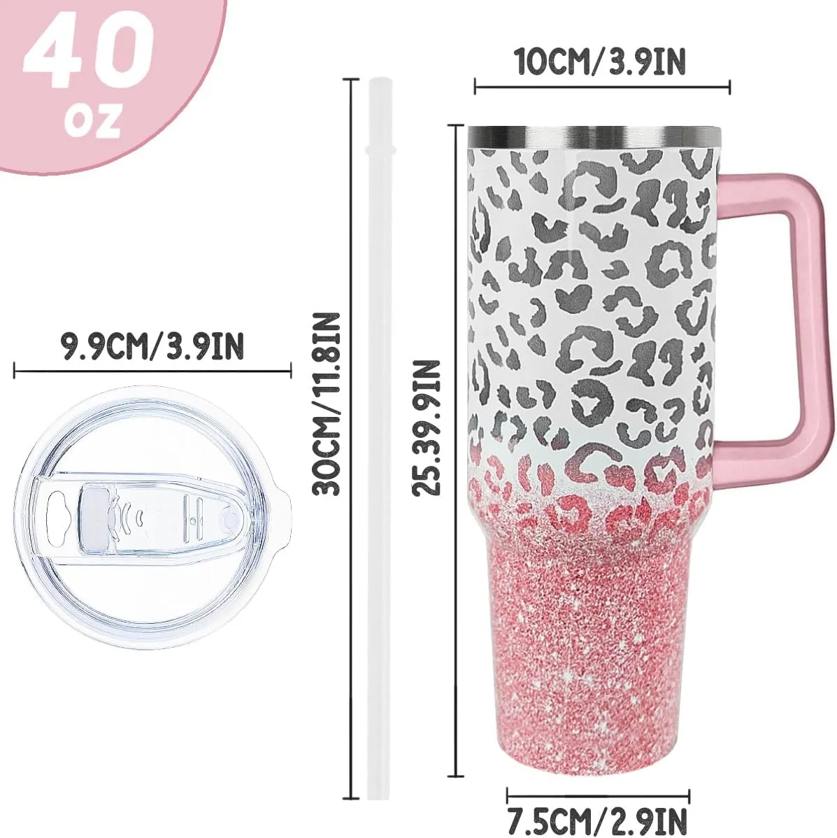 40 oz Tumbler with Handle and Straw Leopard Tumbler Leak Proof Insulated Cup 40 oz Pink Leopard Coffee Travel Mug Leopard Decor Stuff Gifts for Women