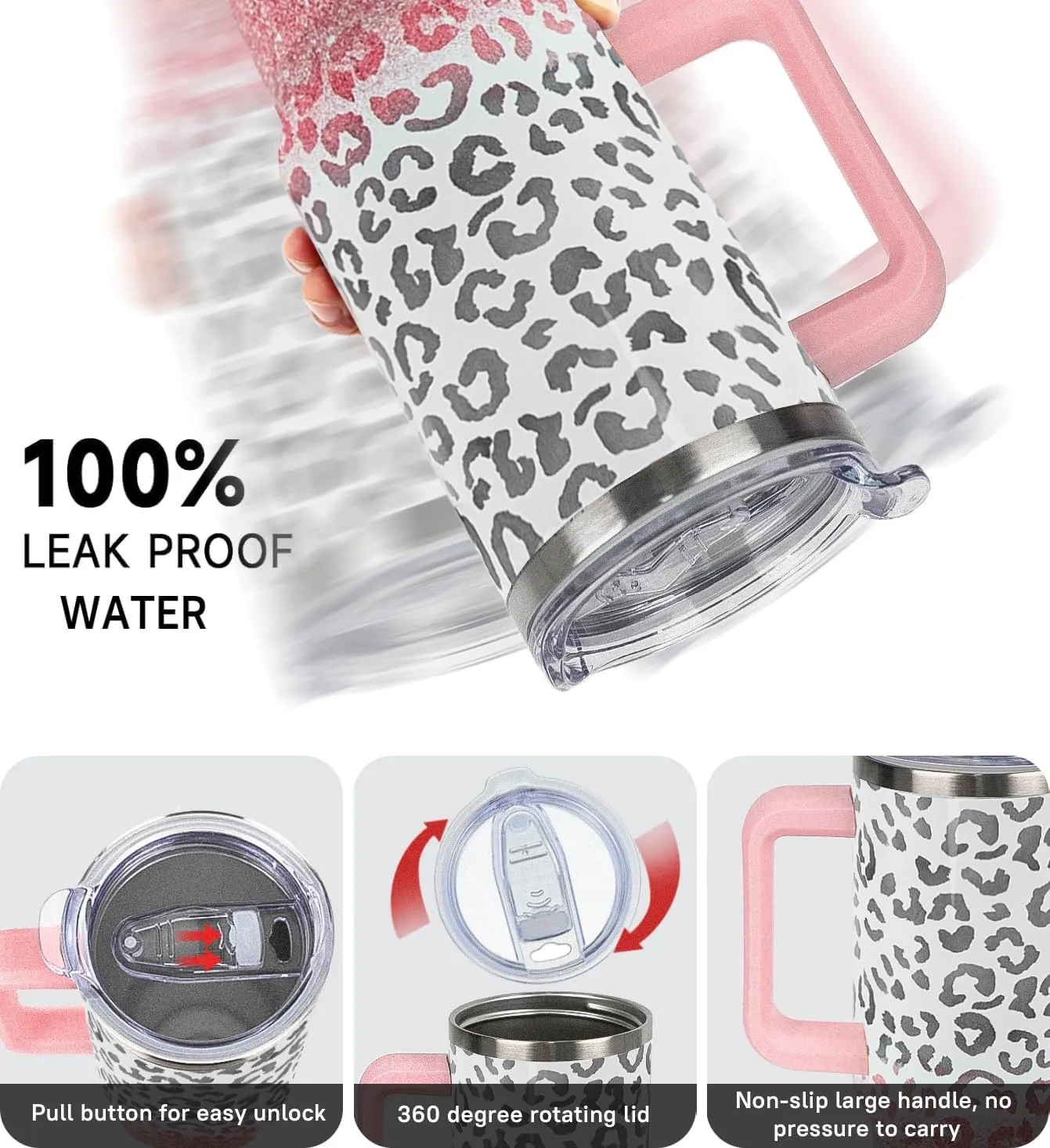 40 oz Tumbler with Handle and Straw Leopard Tumbler Leak Proof Insulated Cup 40 oz Pink Leopard Coffee Travel Mug Leopard Decor Stuff Gifts for Women