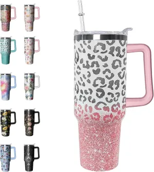 40 oz Tumbler with Handle and Straw Leopard Tumbler Leak Proof Insulated Cup 40 oz Pink Leopard Coffee Travel Mug Leopard Decor Stuff Gifts for Women