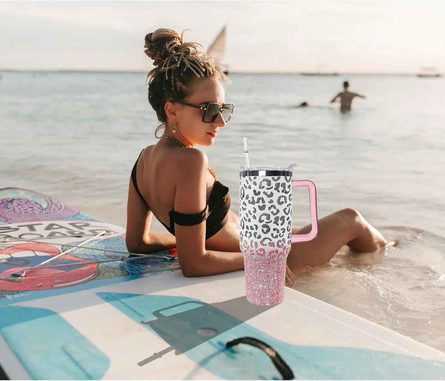 40 oz Tumbler with Handle and Straw Leopard Tumbler Leak Proof Insulated Cup 40 oz Pink Leopard Coffee Travel Mug Leopard Decor Stuff Gifts for Women