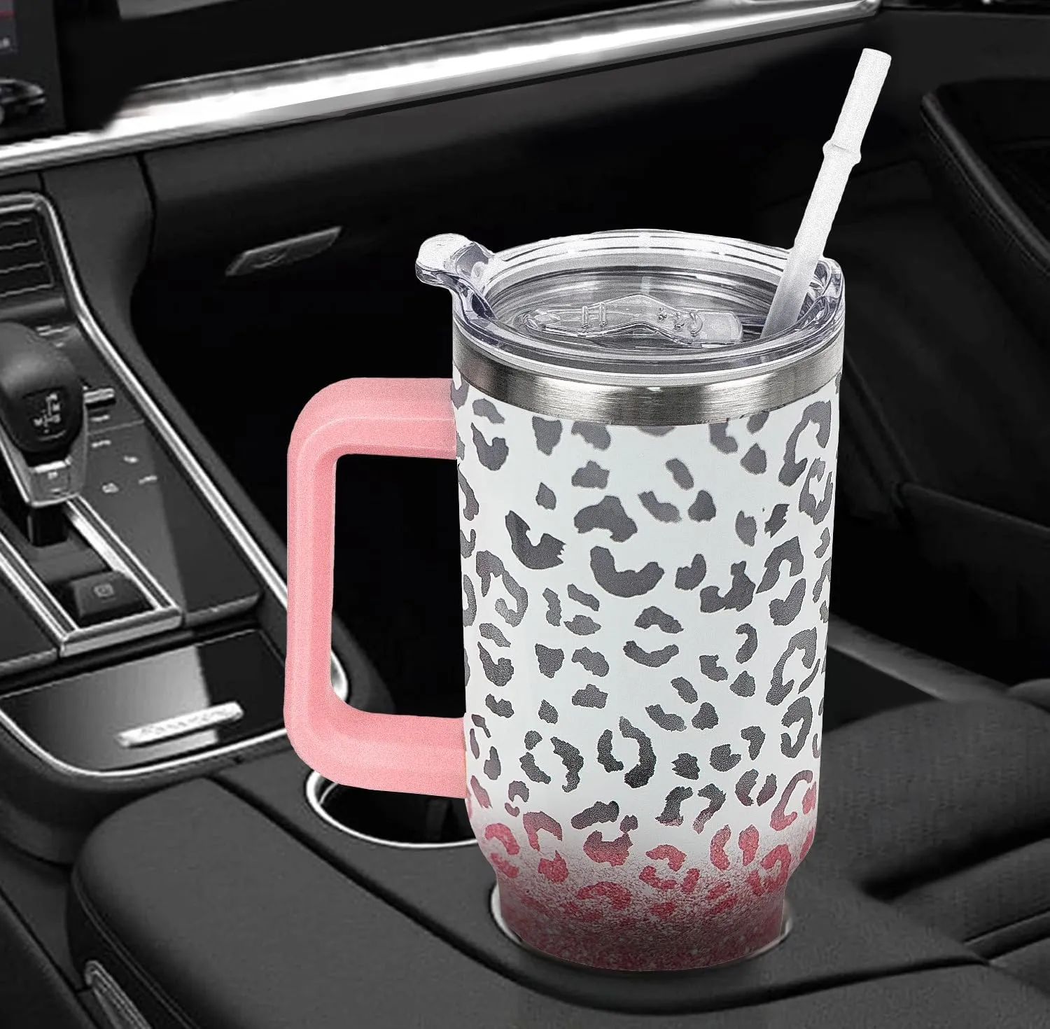 40 oz Tumbler with Handle and Straw Leopard Tumbler Leak Proof Insulated Cup 40 oz Pink Leopard Coffee Travel Mug Leopard Decor Stuff Gifts for Women