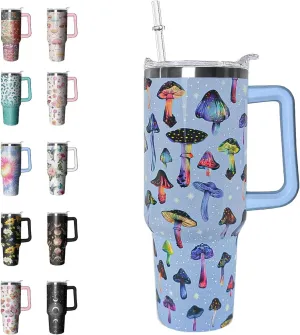 40 oz Tumbler with Handle and Straw Mushroom Tumbler Leak Proof Insulated Cup 40 oz Colorful Mushroom Coffee Travel Mug Mushroom Decor Stuff Gifts for Women