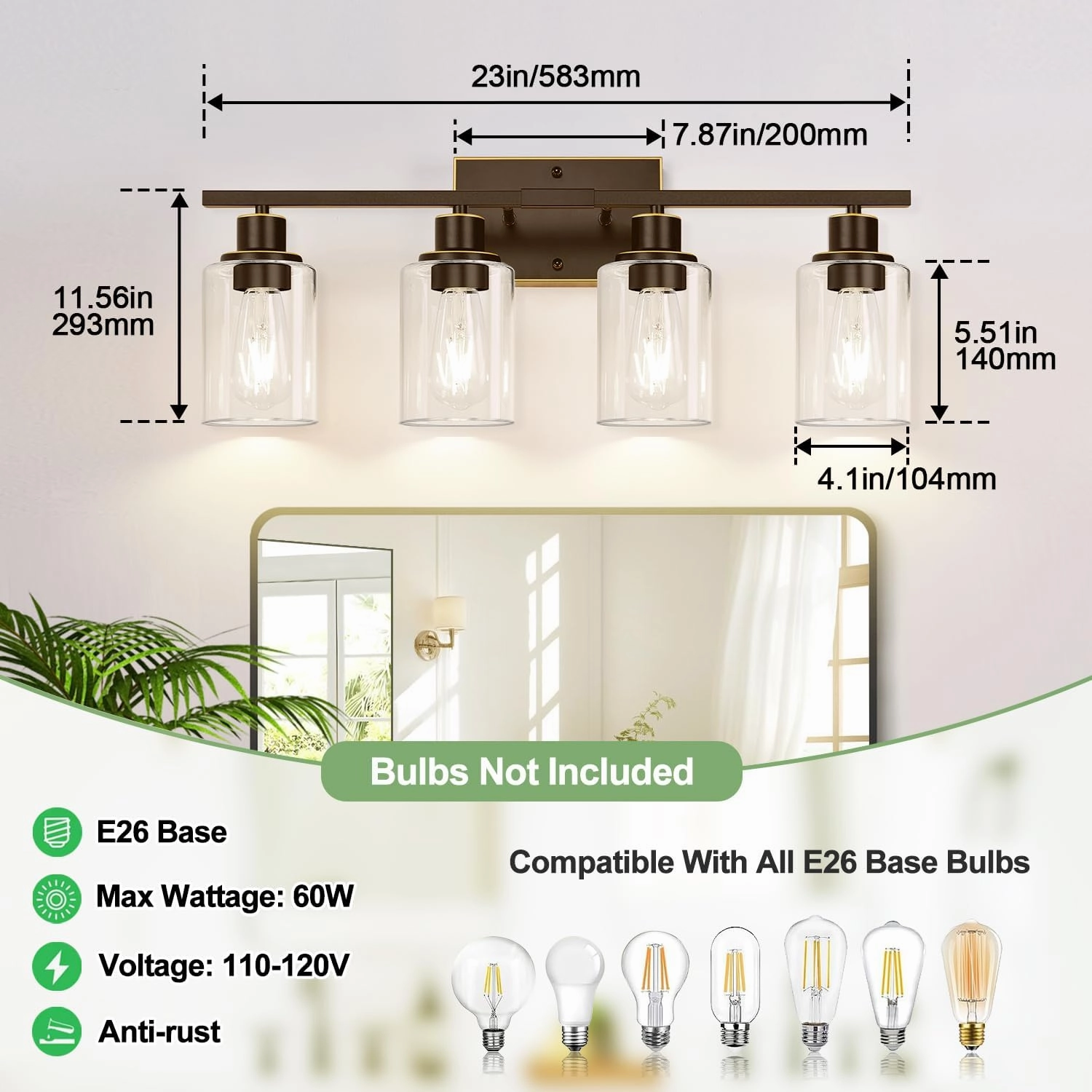 4 Light Bathroom Light Fixtures, Oil-Rubbed Bronze Modern Vanity Lights with Clear Glass Shades, Bathroom Wall Lamp for Mirror Living Room Cabinet