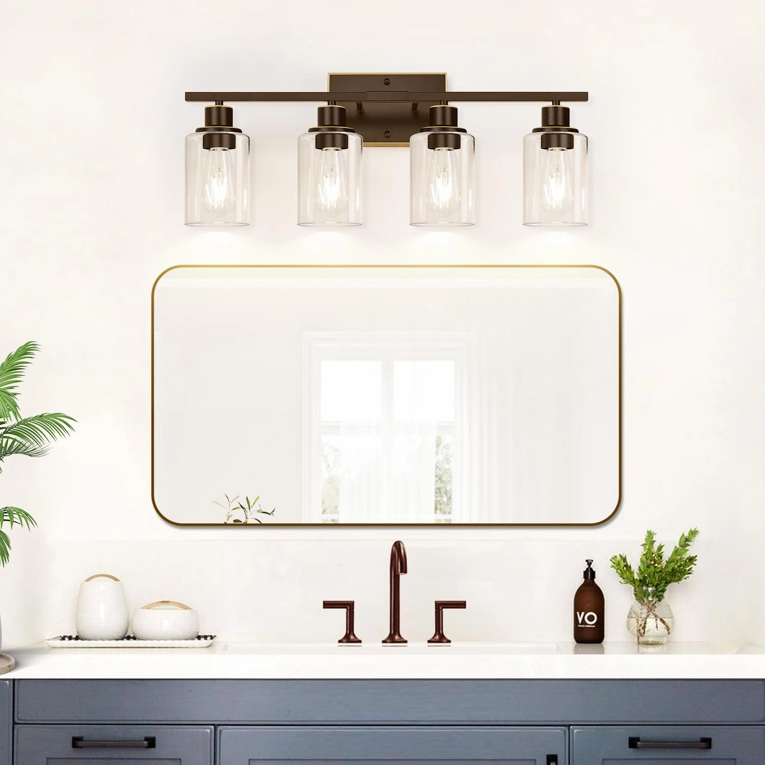 4 Light Bathroom Light Fixtures, Oil-Rubbed Bronze Modern Vanity Lights with Clear Glass Shades, Bathroom Wall Lamp for Mirror Living Room Cabinet