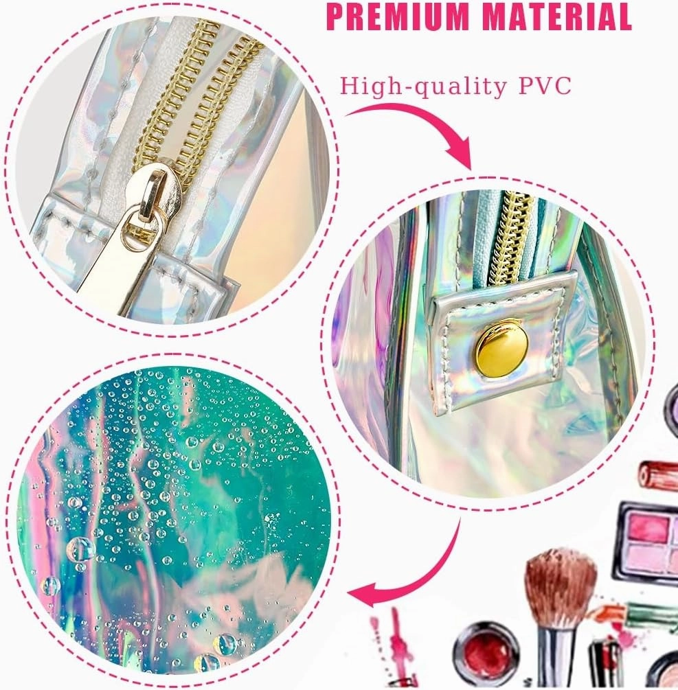 4 Pcs Holographic Makeup Bags Bulk, Small Iridescent Pouch Portable Toiletry Cosmetic Bag with Zipper, Travel Makeup Brush Holder Organizer Bag case (Blue)