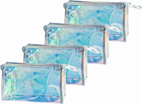 4 Pcs Holographic Makeup Bags Bulk, Small Iridescent Pouch Portable Toiletry Cosmetic Bag with Zipper, Travel Makeup Brush Holder Organizer Bag case (Blue)