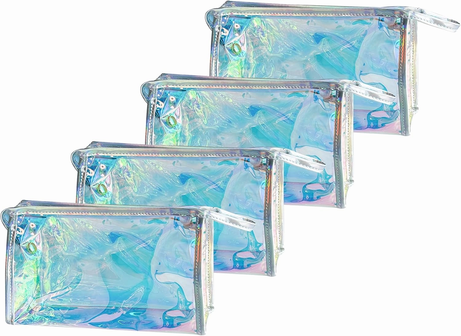 4 Pcs Holographic Makeup Bags Bulk, Small Iridescent Pouch Portable Toiletry Cosmetic Bag with Zipper, Travel Makeup Brush Holder Organizer Bag case (Blue)