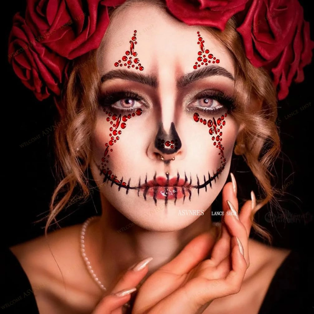 4 Pieces Face Gems Jewels Tattoos for Halloween, Day of the Dead Face Temporary Skull Tattoos Rhinestone Crystal Stones Body Gems Makeup Stickers for Halloween Festival Rave Party Outfit