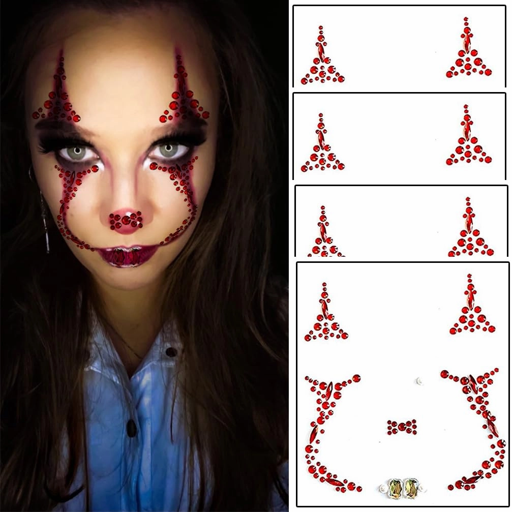4 Pieces Face Gems Jewels Tattoos for Halloween, Day of the Dead Face Temporary Skull Tattoos Rhinestone Crystal Stones Body Gems Makeup Stickers for Halloween Festival Rave Party Outfit