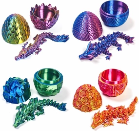 4 Set 3D Printed Dragons and Eggs Figures - Fantasy Eggs with Dragon Inside, Collectible Rose/Crystal/Gem/Chinese Dragon Toy Figures, Multicolor Gradient Home Decor & Gift