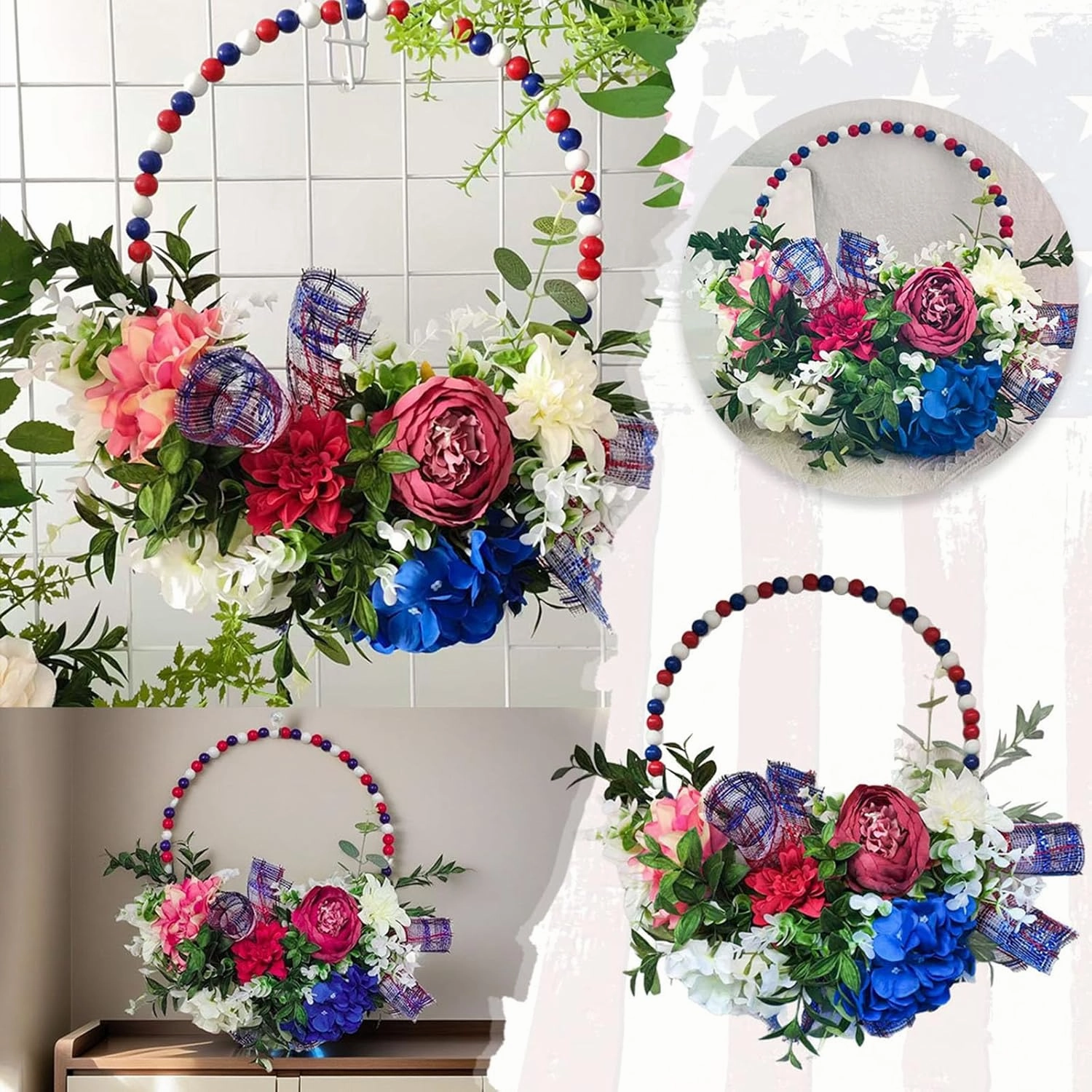 4th of July Patriotic Day Wreath Artificial Floral Wreath for Front Door Red Blue White Flower Patriotic Decorations for Memorial Day Independence Veterans(Blue9)(42x42cm)