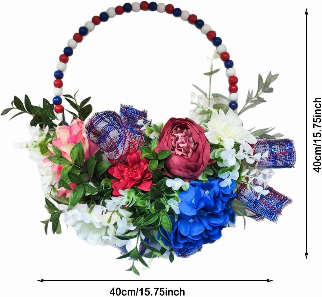 4th of July Patriotic Day Wreath Artificial Floral Wreath for Front Door Red Blue White Flower Patriotic Decorations for Memorial Day Independence Veterans(Blue9)(42x42cm)