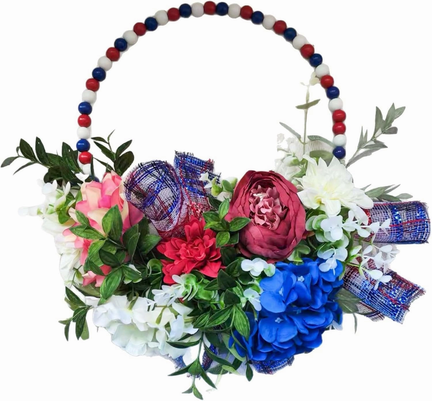 4th of July Patriotic Day Wreath Artificial Floral Wreath for Front Door Red Blue White Flower Patriotic Decorations for Memorial Day Independence Veterans(Blue9)(42x42cm)