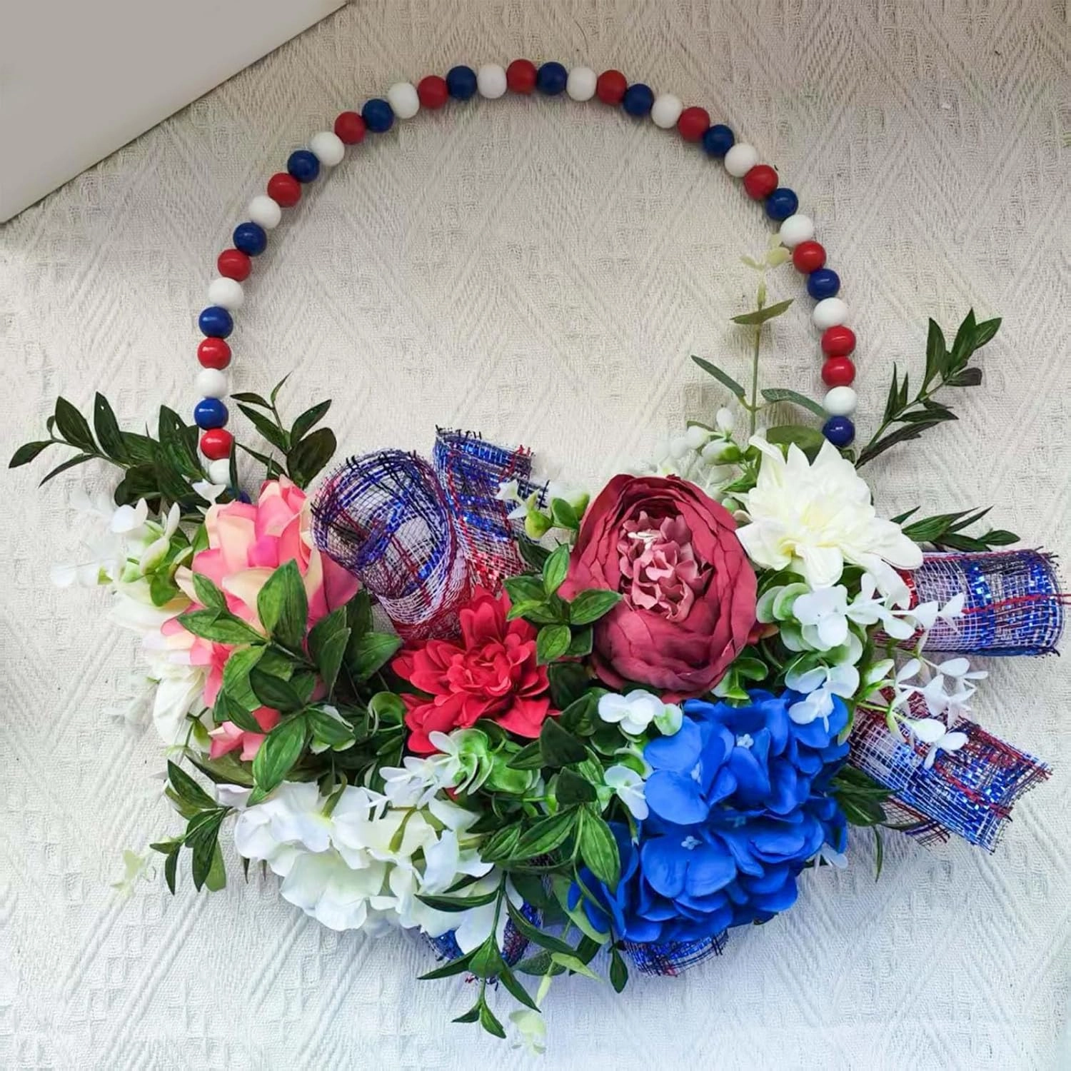 4th of July Patriotic Day Wreath Artificial Floral Wreath for Front Door Red Blue White Flower Patriotic Decorations for Memorial Day Independence Veterans(Blue9)(42x42cm)