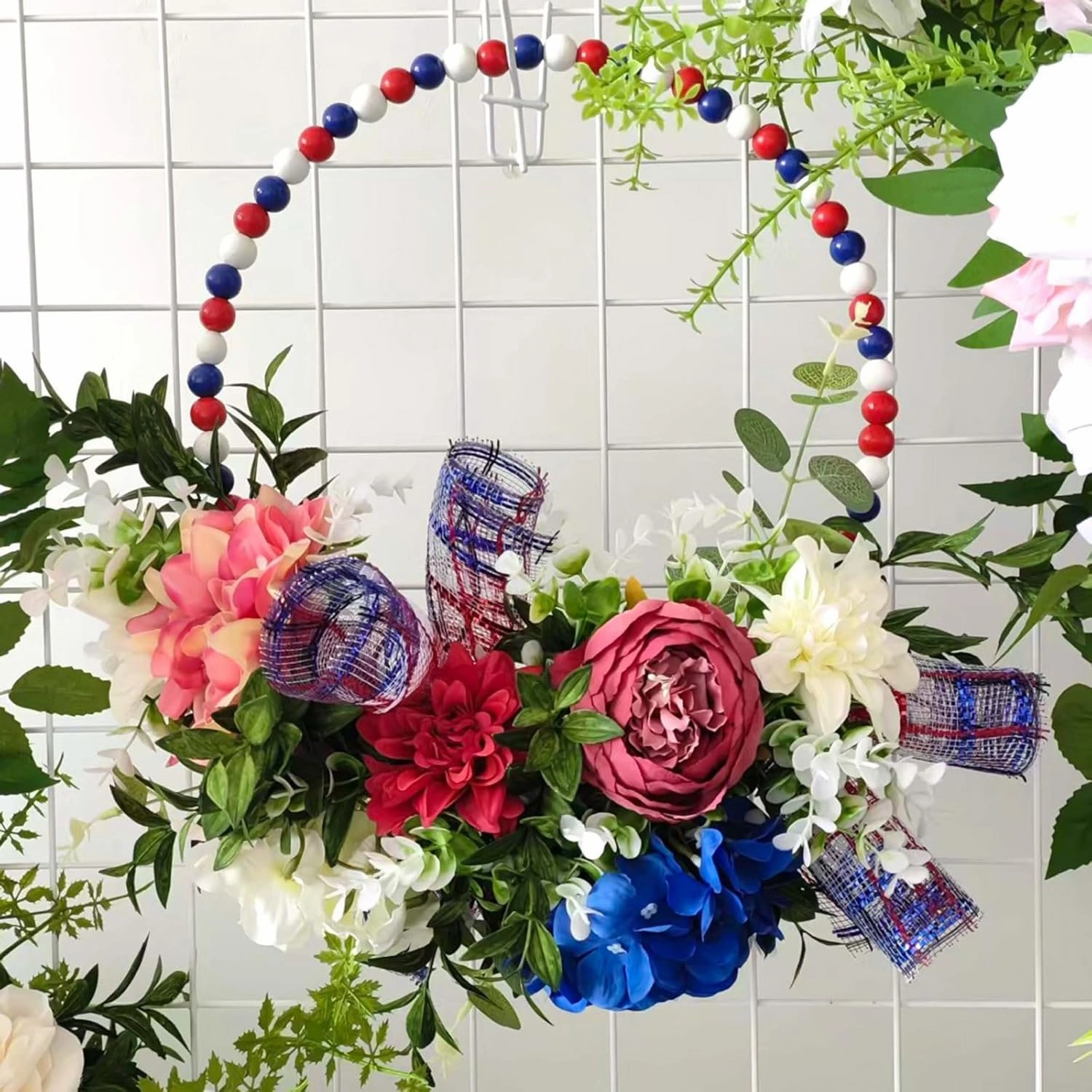 4th of July Patriotic Day Wreath Artificial Floral Wreath for Front Door Red Blue White Flower Patriotic Decorations for Memorial Day Independence Veterans(Blue9)(42x42cm)