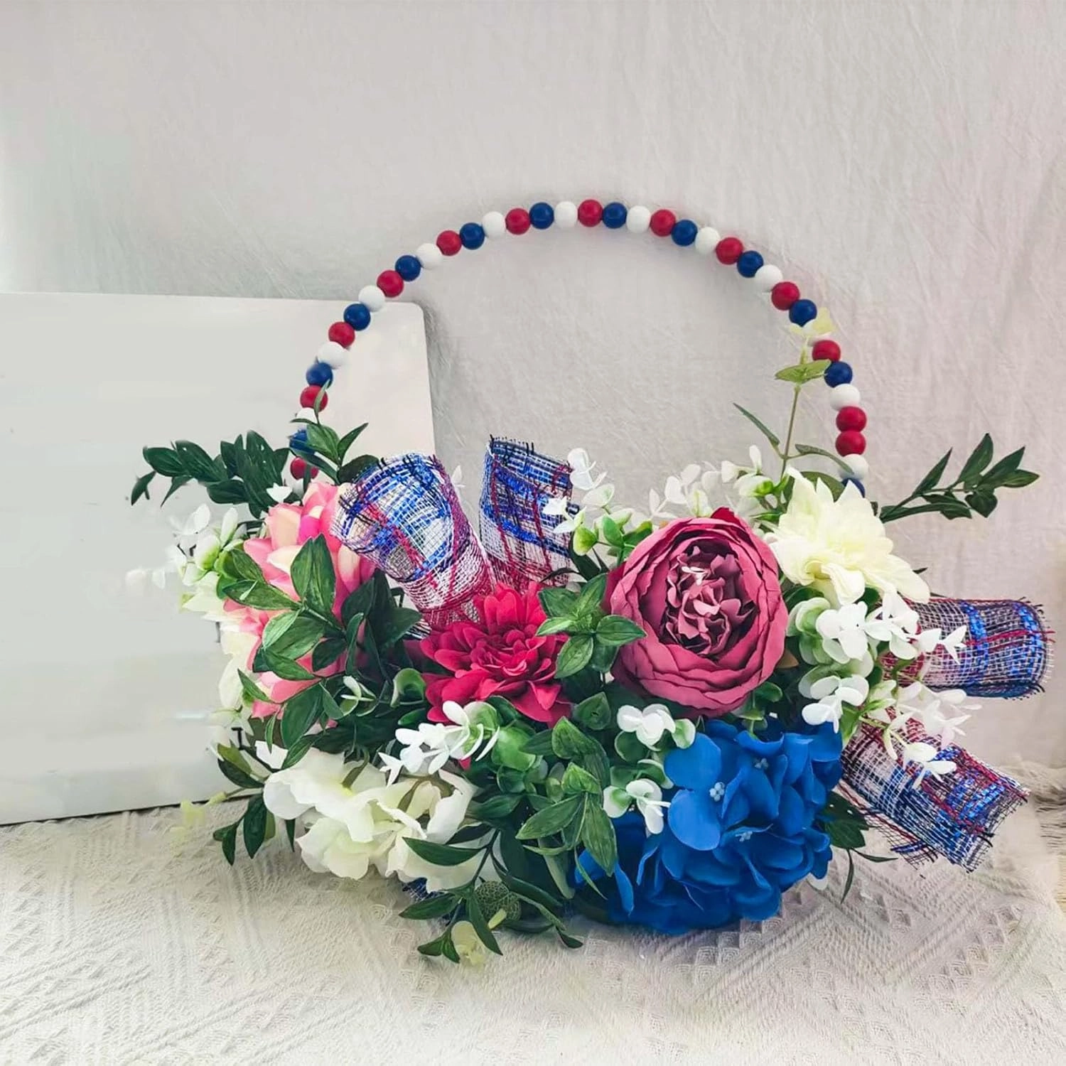 4th of July Patriotic Day Wreath Artificial Floral Wreath for Front Door Red Blue White Flower Patriotic Decorations for Memorial Day Independence Veterans(Blue9)(42x42cm)