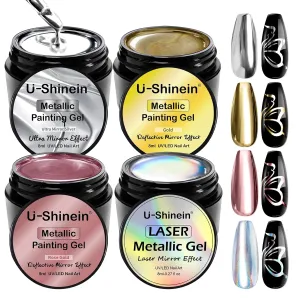 4x8ml Metallic Painting Gel, Super silver gold laser rose gold mirror, 3D Metal Painting Gel Drawing Mirror Nail Gel Polish High Gloss Long-lasting Soak Off UV/LED DIY Nail Art Design
