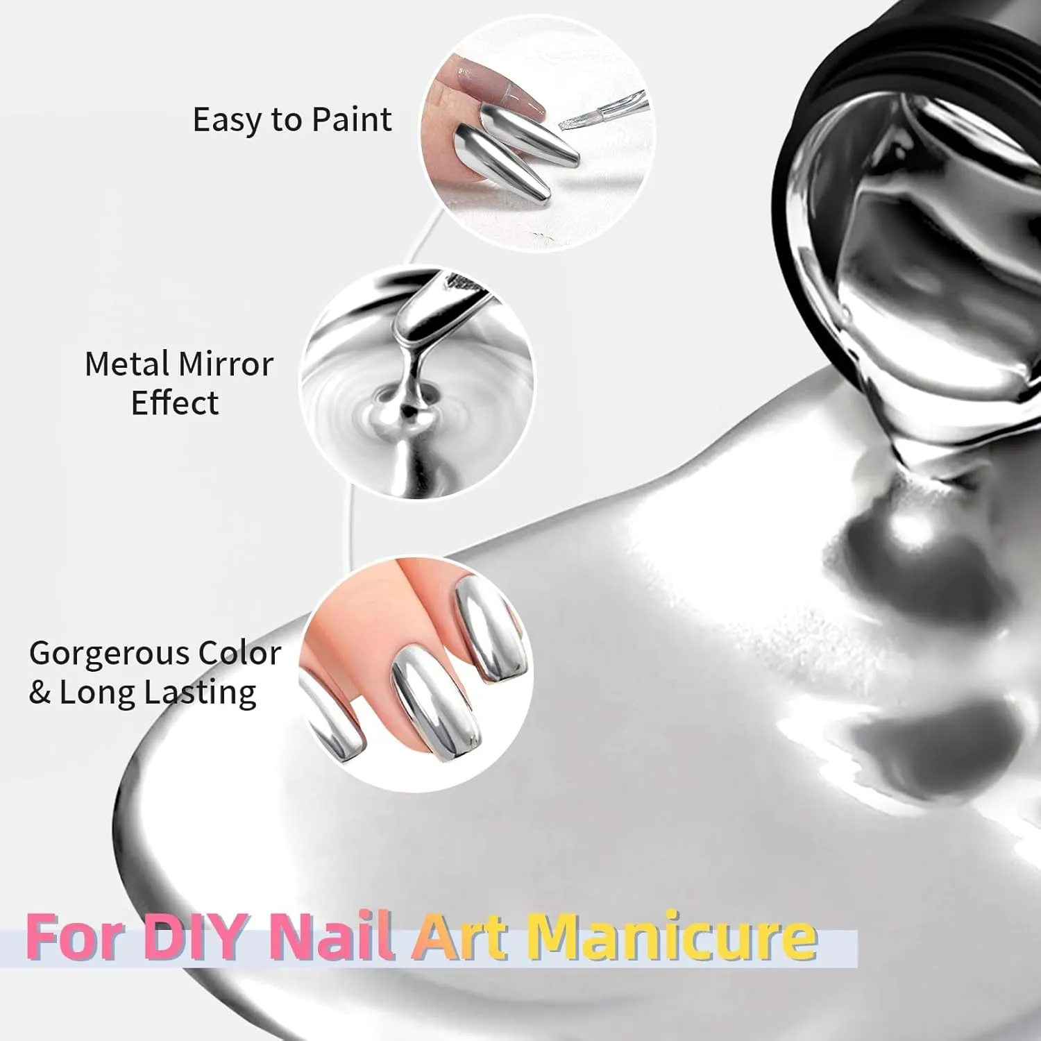 4x8ml Metallic Painting Gel, Super silver gold laser rose gold mirror, 3D Metal Painting Gel Drawing Mirror Nail Gel Polish High Gloss Long-lasting Soak Off UV/LED DIY Nail Art Design