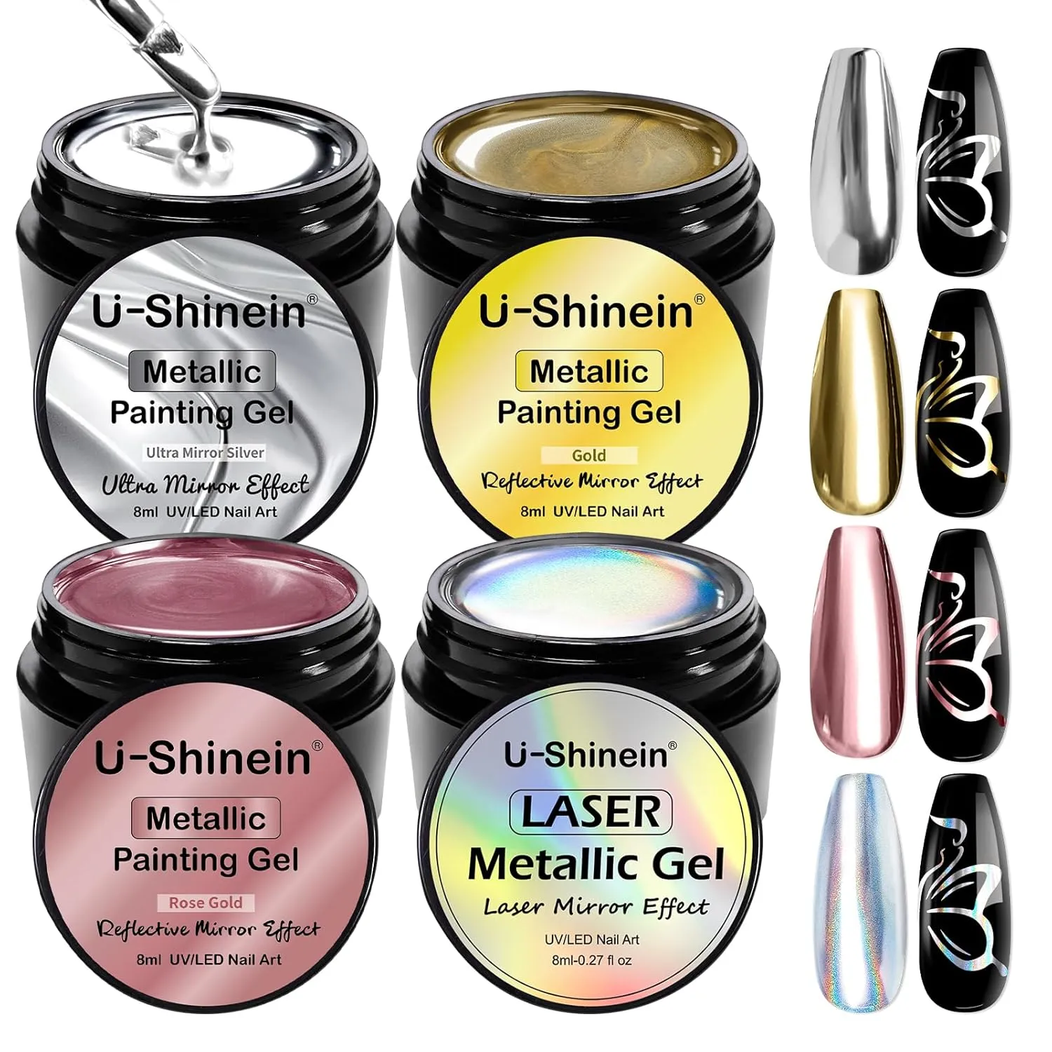 4x8ml Metallic Painting Gel, Super silver gold laser rose gold mirror, 3D Metal Painting Gel Drawing Mirror Nail Gel Polish High Gloss Long-lasting Soak Off UV/LED DIY Nail Art Design