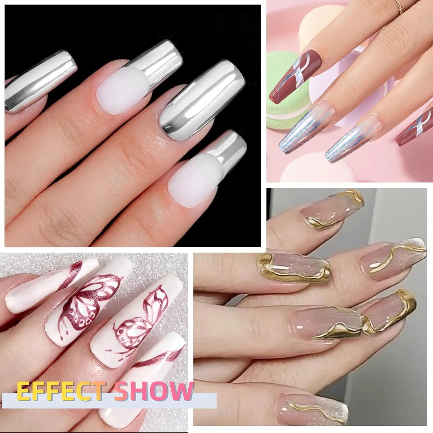4x8ml Metallic Painting Gel, Super silver gold laser rose gold mirror, 3D Metal Painting Gel Drawing Mirror Nail Gel Polish High Gloss Long-lasting Soak Off UV/LED DIY Nail Art Design