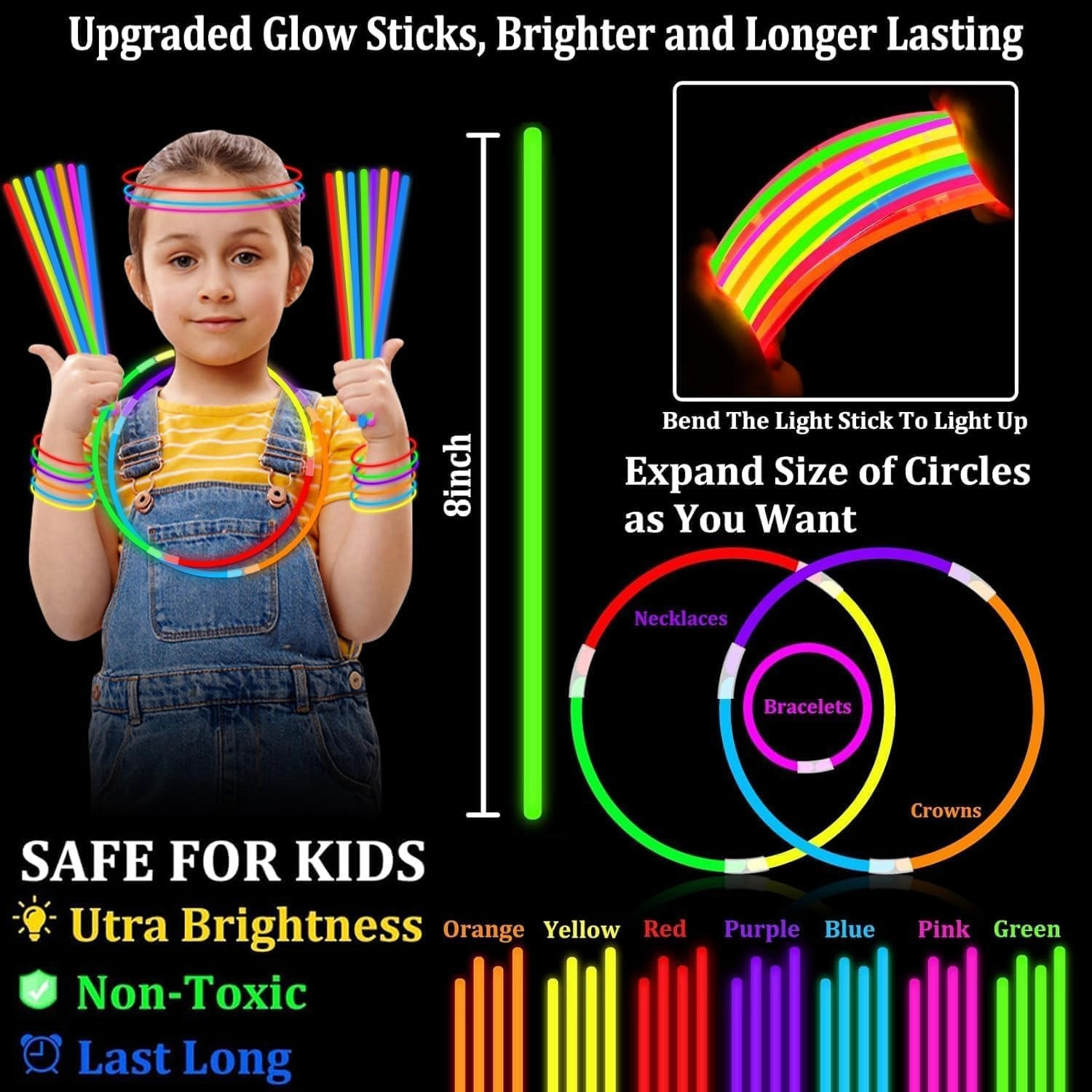 500 Pack Ultra Bright Glow Sticks Bulk Party Pack Glow In The Dark Party Supplies Glow Sticks Necklaces Bracelets with Connectors 8" Glowstick Light Up Toy Birthday Wedding Pool 4th of July Patriotic