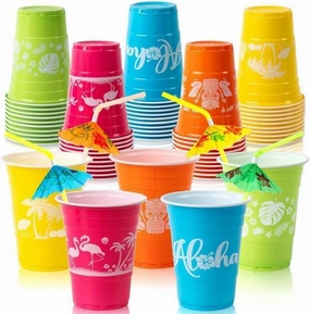 50 Hawaiian Luau Party Decorations Cups with Parasol Straws -16OZ Disposable Party Cups for Tropical Luau Moana Birthday Party Decor Supplies