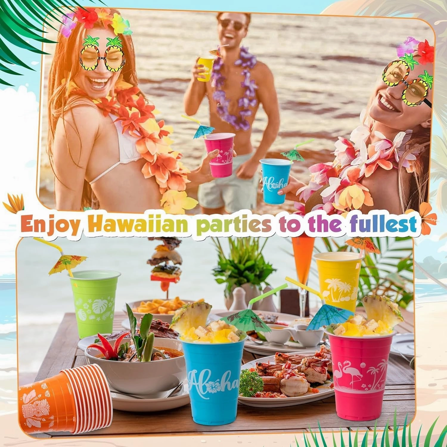 50 Hawaiian Luau Party Decorations Cups with Parasol Straws -16OZ Disposable Party Cups for Tropical Luau Moana Birthday Party Decor Supplies