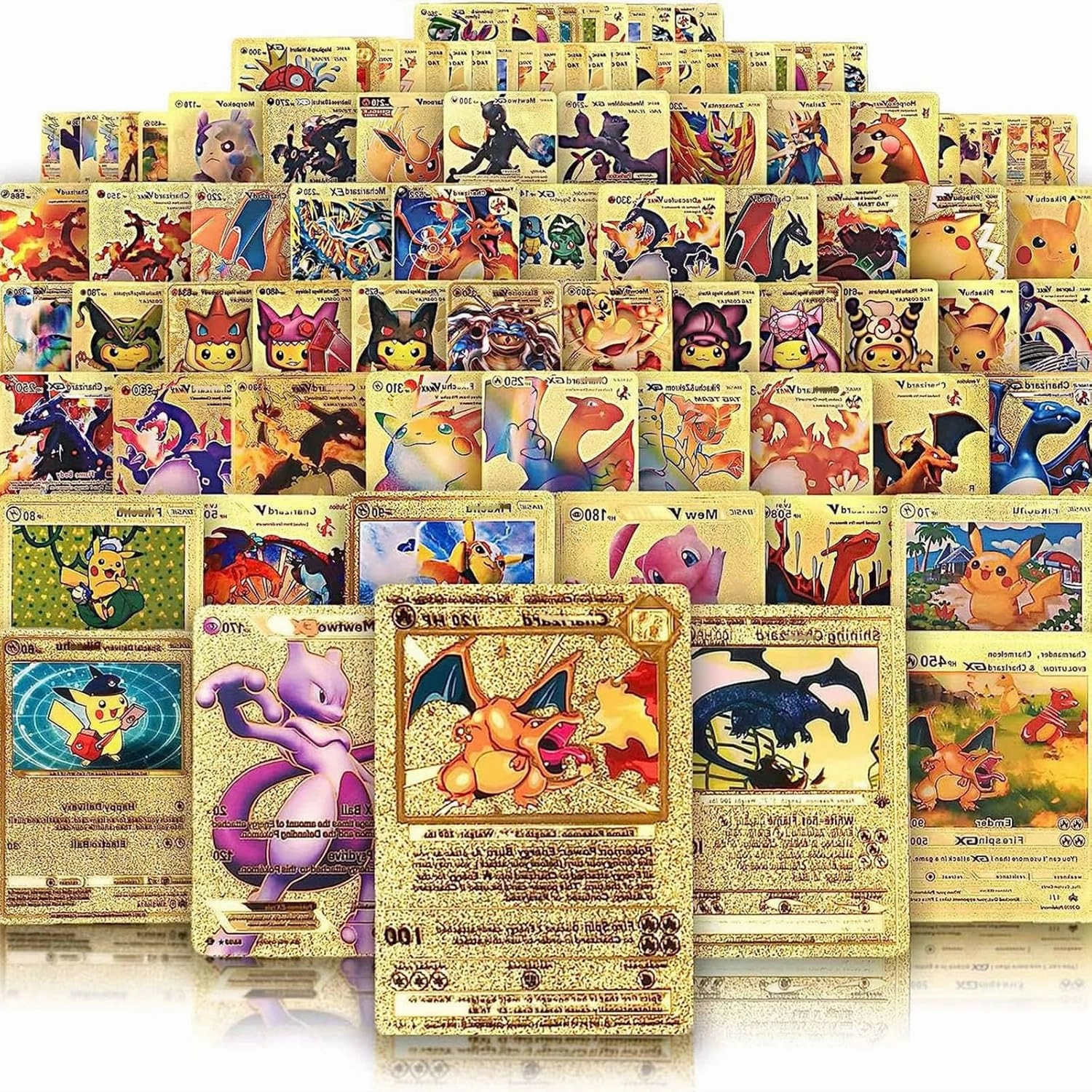 55 PCS Gold Cards Packs Vmax V EX GX Rare Golden Cards TCG Deck Box Gold Foil Card for Fans/Kids/Collectors Gifts (No Duplicates) (Gold Cards)