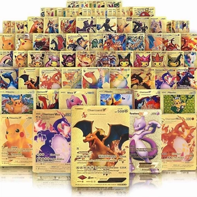 55 PCS Gold Cards Packs Vmax V EX GX Rare Golden Cards TCG Deck Box Gold Foil Card for Fans/Kids/Collectors Gifts (No Duplicates)