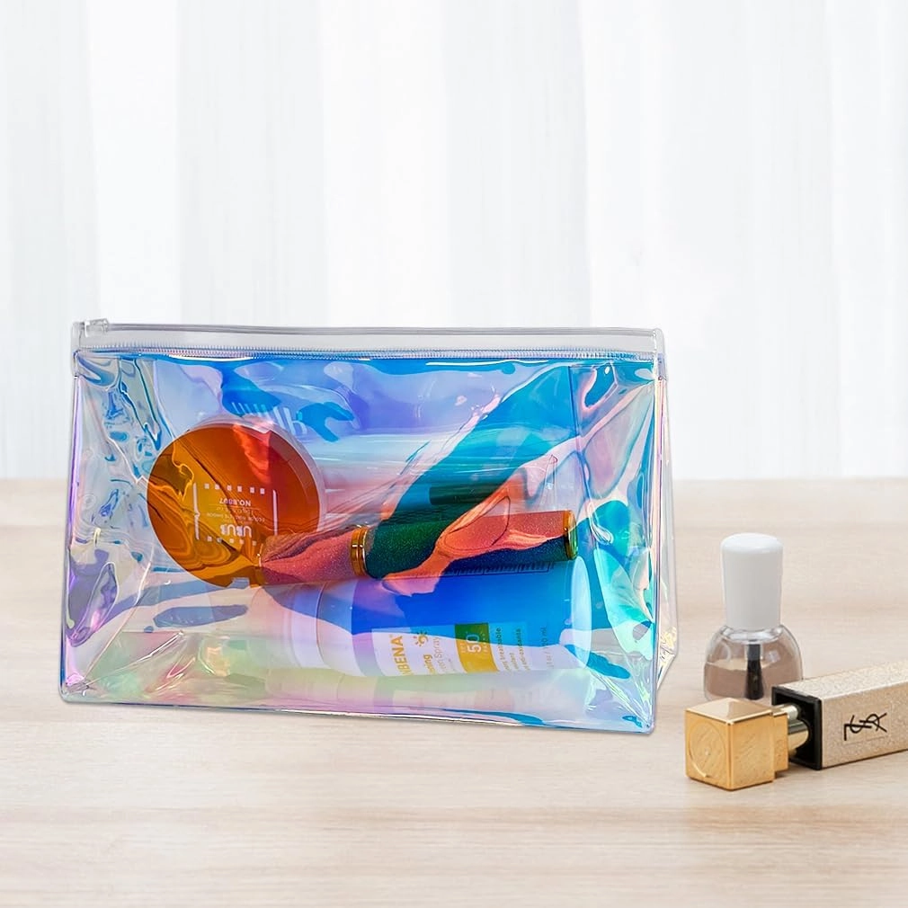 5PCS Holographic Clear Makeup Bag Bulk,Zipper Portable Waterproof Toiletry Pouch,Iridescent Storage Cosmetic Bags for Women (Green-5 pcs)