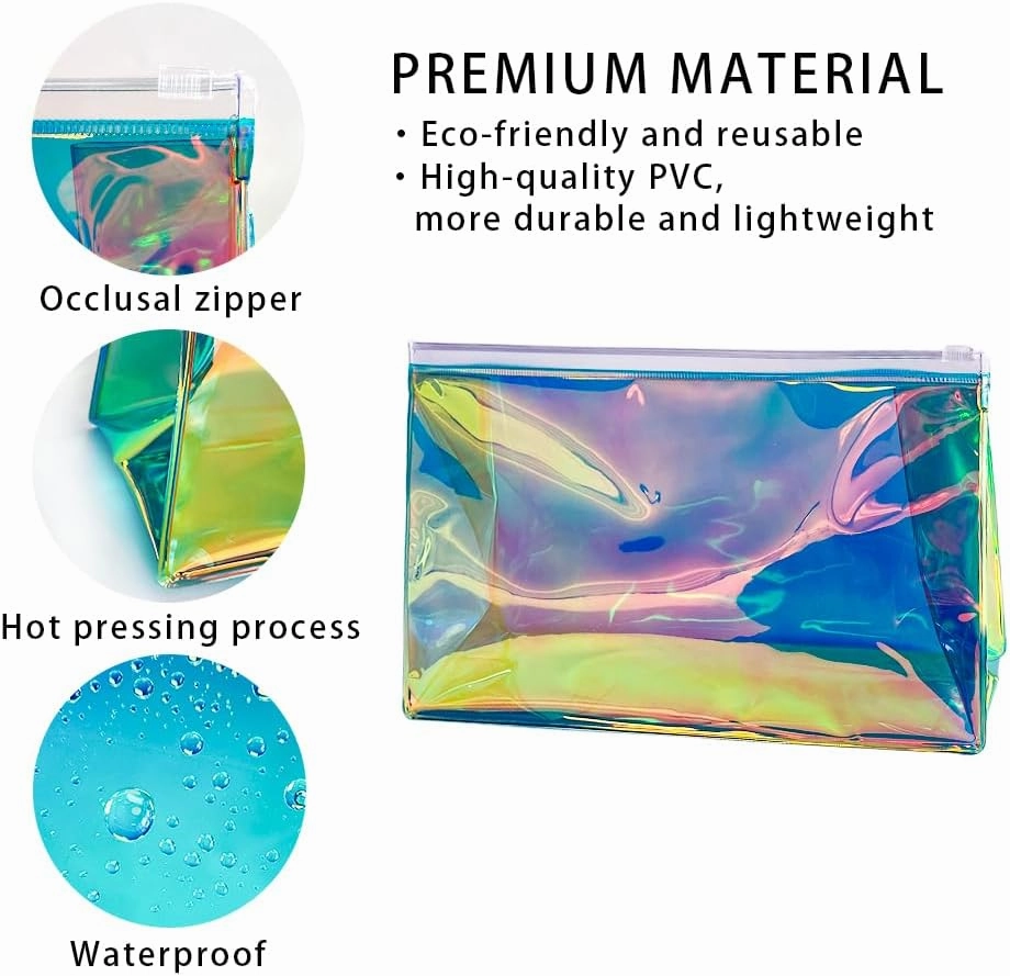 5PCS Holographic Clear Makeup Bag Bulk,Zipper Portable Waterproof Toiletry Pouch,Iridescent Storage Cosmetic Bags for Women (Green-5 pcs)
