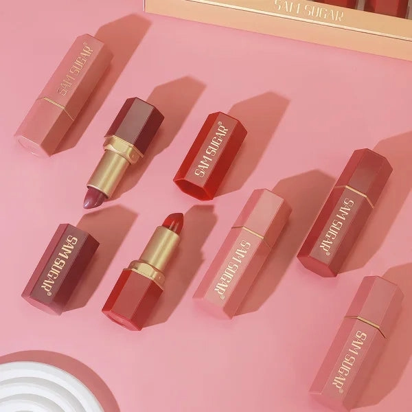 6 Colors Gold Bar Tube Lipstick Set – Matte, Pearlescent, Glitter Velvet Lipsticks – Valentine's Day Gift