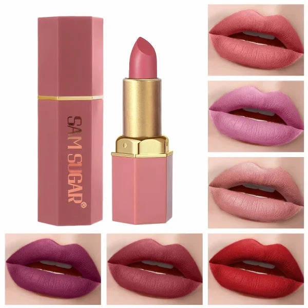 6 Colors Gold Bar Tube Lipstick Set – Matte, Pearlescent, Glitter Velvet Lipsticks – Valentine's Day Gift