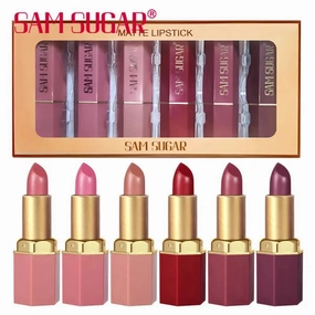 6 Colors Gold Bar Tube Lipstick Set – Matte, Pearlescent, Glitter Velvet Lipsticks – Valentine's Day Gift