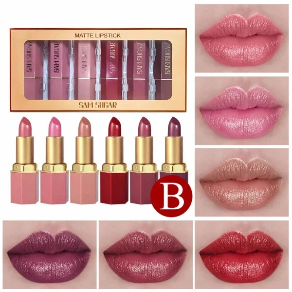 6 Colors Gold Bar Tube Lipstick Set – Matte, Pearlescent, Glitter Velvet Lipsticks – Valentine's Day Gift