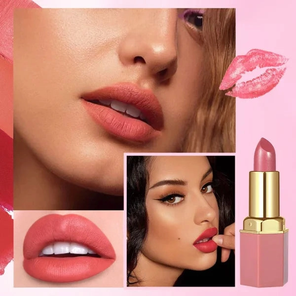 6 Colors Gold Bar Tube Lipstick Set – Matte, Pearlescent, Glitter Velvet Lipsticks – Valentine's Day Gift