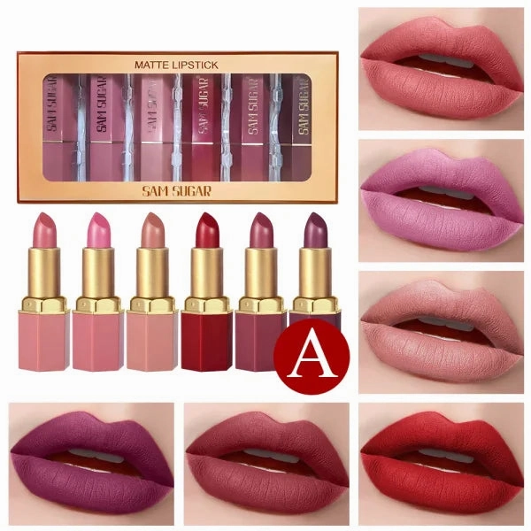 6 Colors Gold Bar Tube Lipstick Set – Matte, Pearlescent, Glitter Velvet Lipsticks – Valentine's Day Gift