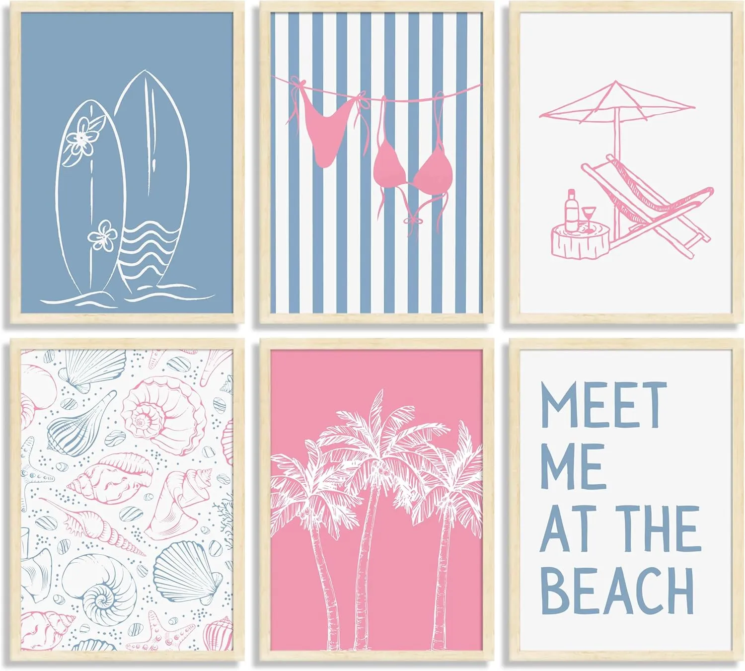 6Pcs Coastal Beach Surfing Wall Art Preppy Bikini Shells Painting Picture Wall Decor Summer Meet Me at the beach Poster Print Artwork for Living Room Bedroom Dining Room Bathroom Home Decoration