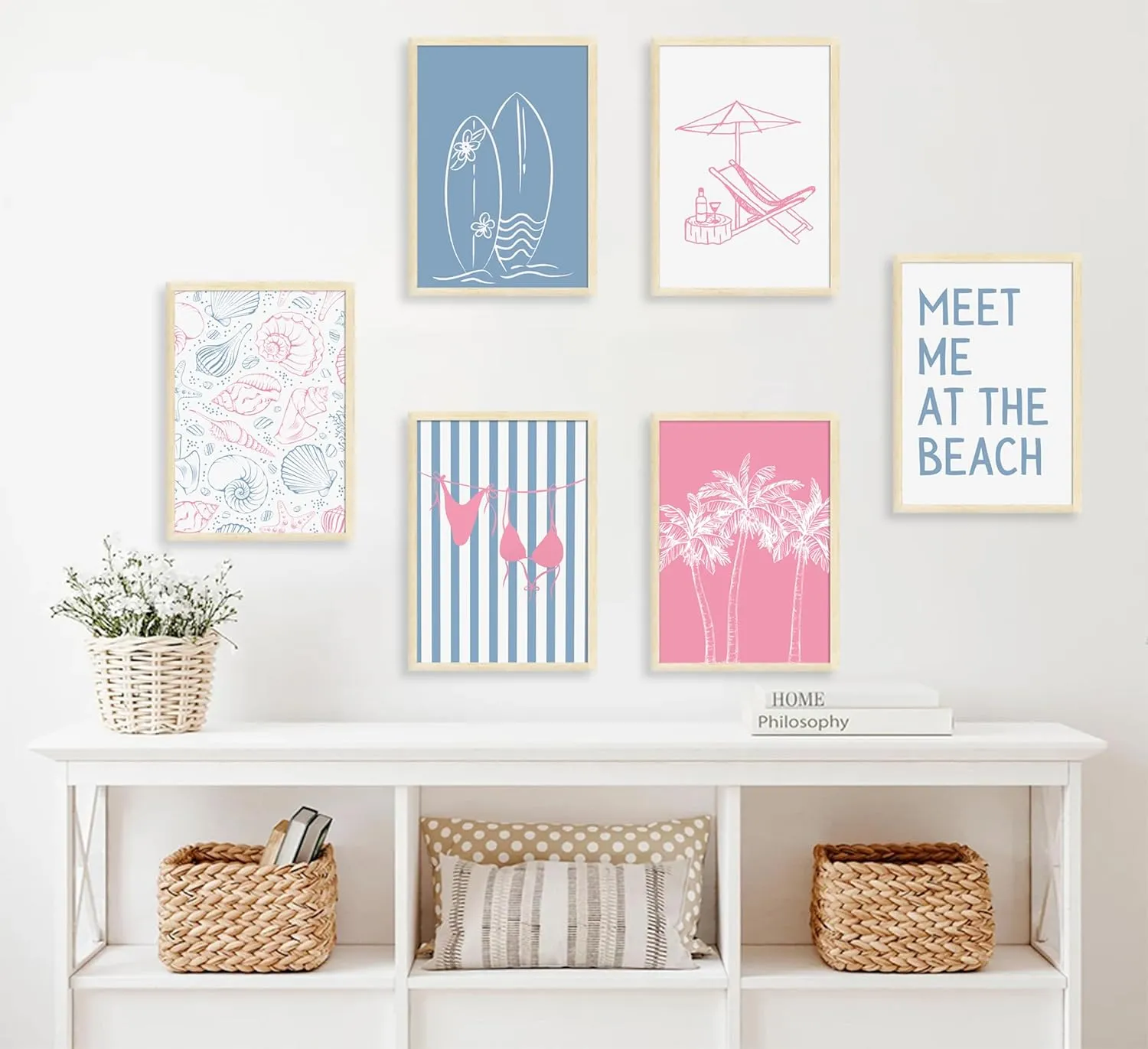 6Pcs Coastal Beach Surfing Wall Art Preppy Bikini Shells Painting Picture Wall Decor Summer Meet Me at the beach Poster Print Artwork for Living Room Bedroom Dining Room Bathroom Home Decoration