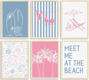 6Pcs Coastal Beach Surfing Wall Art Preppy Bikini Shells Painting Picture Wall Decor Summer Meet Me at the beach Poster Print Artwork for Living Room Bedroom Dining Room Bathroom Home Decoration