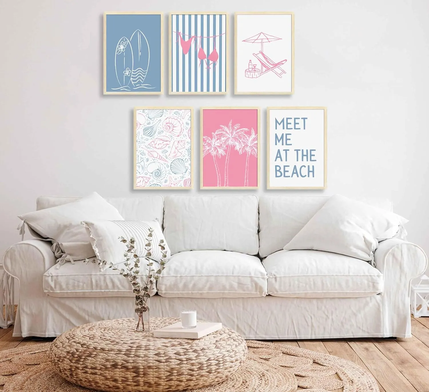 6Pcs Coastal Beach Surfing Wall Art Preppy Bikini Shells Painting Picture Wall Decor Summer Meet Me at the beach Poster Print Artwork for Living Room Bedroom Dining Room Bathroom Home Decoration