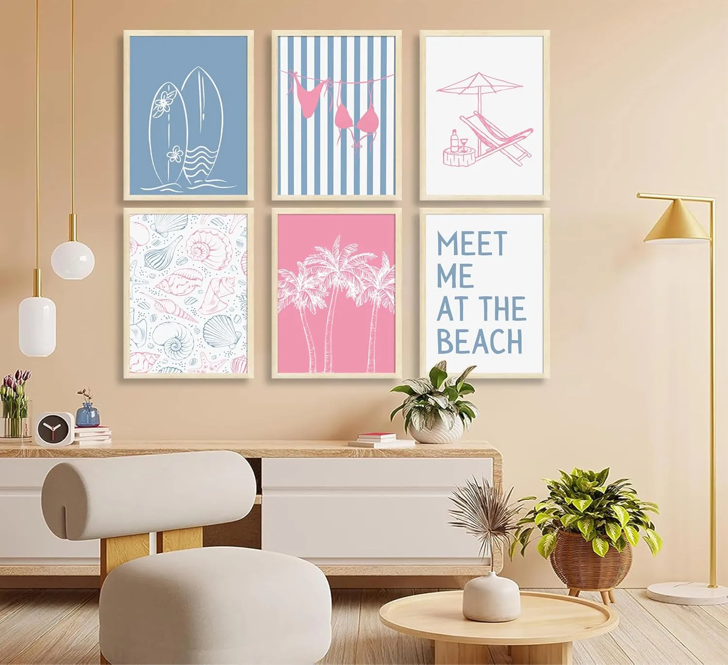 6Pcs Coastal Beach Surfing Wall Art Preppy Bikini Shells Painting Picture Wall Decor Summer Meet Me at the beach Poster Print Artwork for Living Room Bedroom Dining Room Bathroom Home Decoration